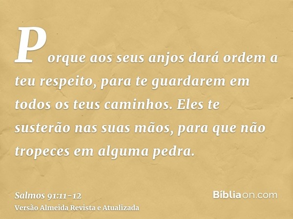 Porque aos seus anjos dará ordem a teu respeito, para te guardarem em todos os teus caminhos.Eles te susterão nas suas mãos, para que não tropeces em alguma ped