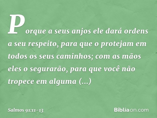 Porque a seus anjos ele dará ordens
a seu respeito,
para que o protejam em todos
os seus caminhos; com as mãos eles o segurarão,
para que você não tropece em al