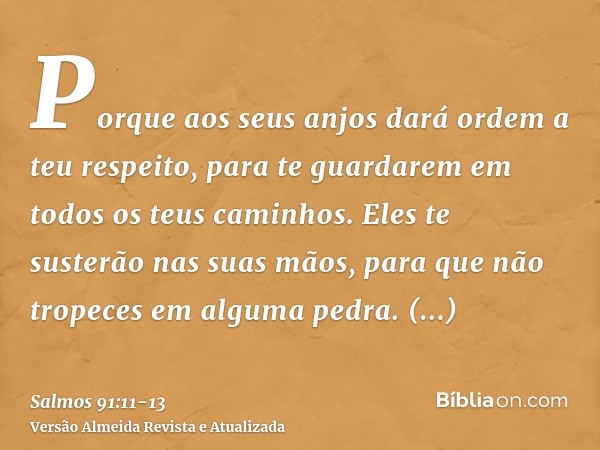 Porque aos seus anjos dará ordem a teu respeito, para te guardarem em todos os teus caminhos.Eles te susterão nas suas mãos, para que não tropeces em alguma ped