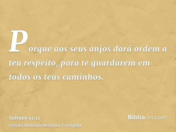 Porque aos seus anjos dará ordem a teu respeito, para te guardarem em todos os teus caminhos.