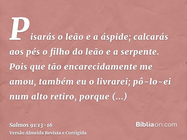 Pisarás o leão e a áspide; calcarás aos pés o filho do leão e a serpente.Pois que tão encarecidamente me amou, também eu o livrarei; pô-lo-ei num alto retiro, p