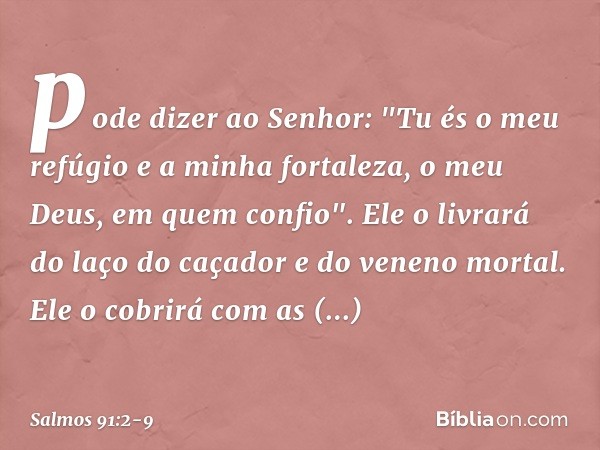 pode dizer ao Senhor:
"Tu és o meu refúgio e a minha fortaleza,
o meu Deus, em quem confio". Ele o livrará do laço do caçador
e do veneno mortal. Ele o cobrirá 