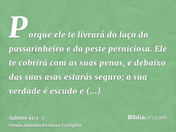 Porque ele te livrará do laço do passarinheiro e da peste perniciosa.Ele te cobrirá com as suas penas, e debaixo das suas asas estarás seguro; a sua verdade é e