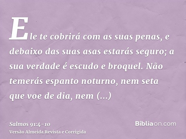 Ele te cobrirá com as suas penas, e debaixo das suas asas estarás seguro; a sua verdade é escudo e broquel.Não temerás espanto noturno, nem seta que voe de dia,