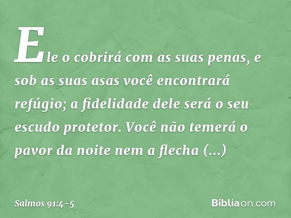 Ele o cobrirá com as suas penas,
e sob as suas asas você encontrará refúgio;
a fidelidade dele será o seu escudo protetor. Você não temerá o pavor da noite
nem 