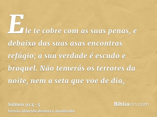 Ele te cobre com as suas penas, e debaixo das suas asas encontras refúgio; a sua verdade é escudo e broquel.Não temerás os terrores da noite, nem a seta que voe