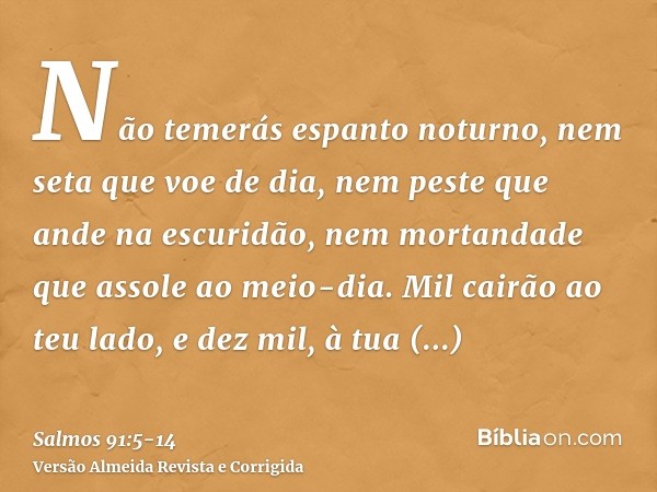 Não temerás espanto noturno, nem seta que voe de dia,nem peste que ande na escuridão, nem mortandade que assole ao meio-dia.Mil cairão ao teu lado, e dez mil, à