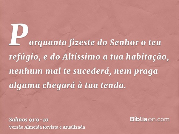 Porquanto fizeste do Senhor o teu refúgio, e do Altíssimo a tua habitação,nenhum mal te sucederá, nem praga alguma chegará à tua tenda.