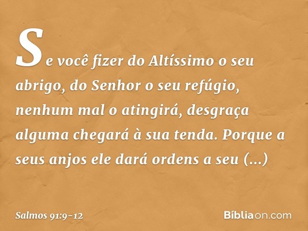 Se você fizer do Altíssimo o seu abrigo,
do Senhor o seu refúgio, nenhum mal o atingirá,
desgraça alguma chegará à sua tenda. Porque a seus anjos ele dará orden