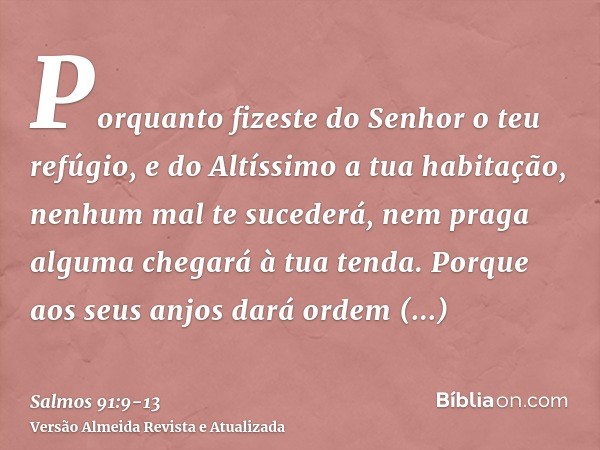 Porquanto fizeste do Senhor o teu refúgio, e do Altíssimo a tua habitação,nenhum mal te sucederá, nem praga alguma chegará à tua tenda.Porque aos seus anjos dar