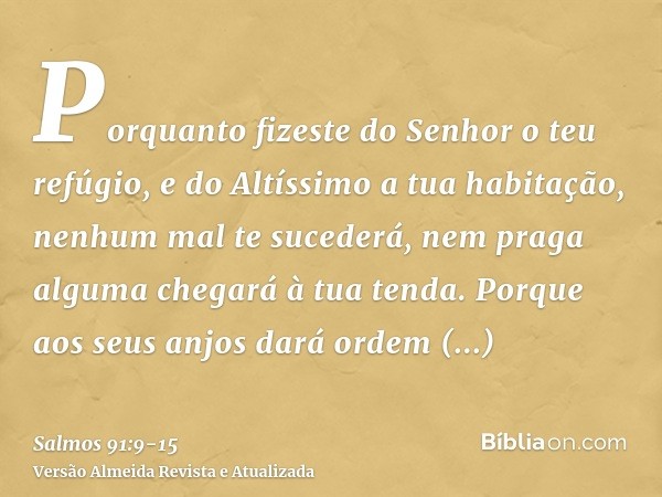 Porquanto fizeste do Senhor o teu refúgio, e do Altíssimo a tua habitação,nenhum mal te sucederá, nem praga alguma chegará à tua tenda.Porque aos seus anjos dar
