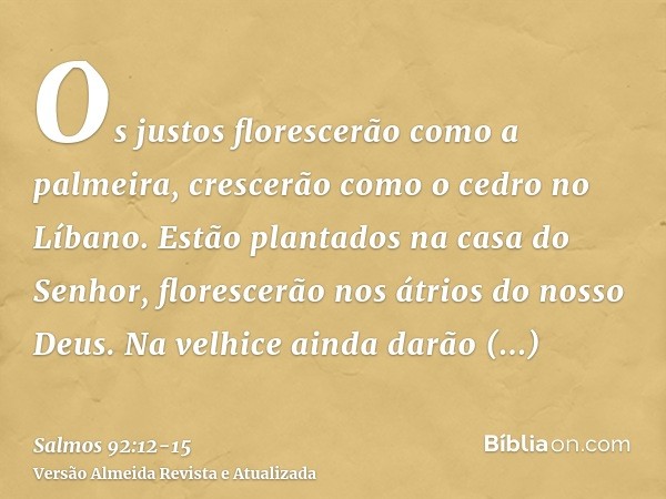 Os justos florescerão como a palmeira, crescerão como o cedro no Líbano.Estão plantados na casa do Senhor, florescerão nos átrios do nosso Deus.Na velhice ainda