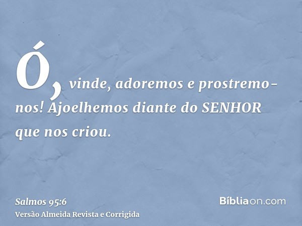 Ó, vinde, adoremos e prostremo-nos! Ajoelhemos diante do SENHOR que nos criou.