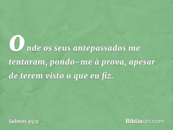 onde os seus antepassados me tentaram,
pondo-me à prova,
apesar de terem visto o que eu fiz. -- Salmo 95:9