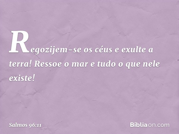 Regozijem-se os céus e exulte a terra!
Ressoe o mar e tudo o que nele existe! -- Salmo 96:11