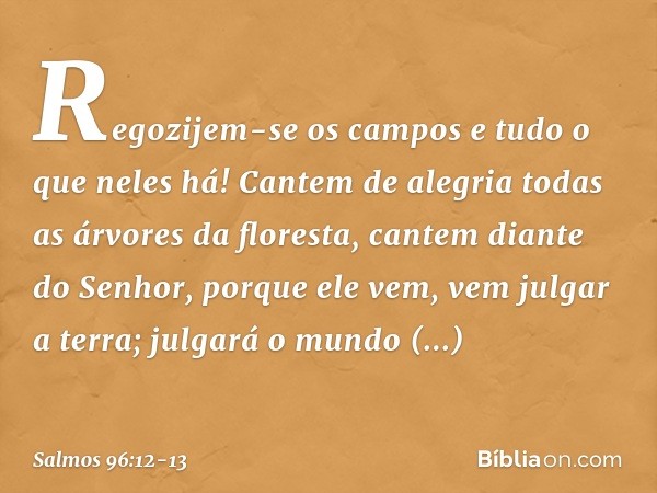 Regozijem-se os campos
e tudo o que neles há!
Cantem de alegria todas as árvores da floresta, cantem diante do Senhor, porque ele vem,
vem julgar a terra;
julga