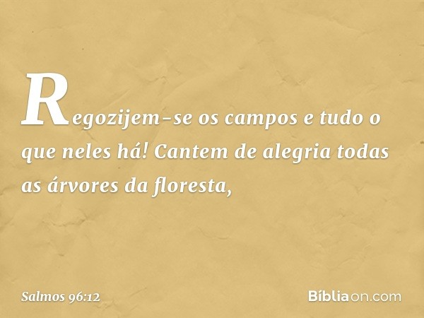 Regozijem-se os campos
e tudo o que neles há!
Cantem de alegria todas as árvores da floresta, -- Salmo 96:12