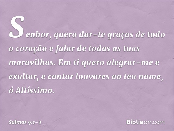 Senhor, quero dar-te graças de todo o coração
e falar de todas as tuas maravilhas. Em ti quero alegrar-me e exultar,
e cantar louvores ao teu nome, ó Altíssimo.