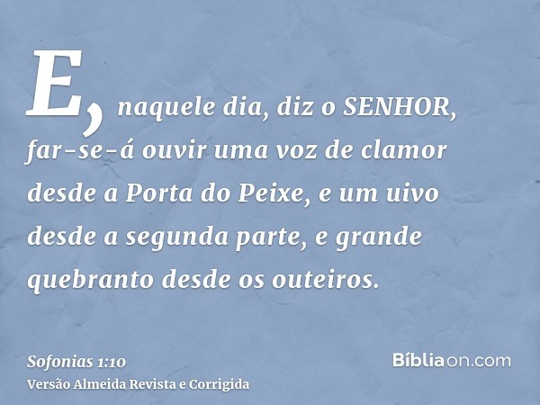 E, naquele dia, diz o SENHOR, far-se-á ouvir uma voz de clamor desde a Porta do Peixe, e um uivo desde a segunda parte, e grande quebranto desde os outeiros.
