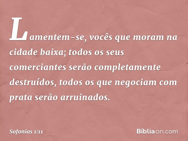 Lamentem-se, vocês que moram
na cidade baixa;
todos os seus comerciantes
serão completamente destruídos,
todos os que negociam com prata
serão arruinados. -- So