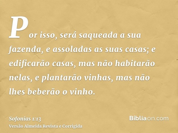 Por isso, será saqueada a sua fazenda, e assoladas as suas casas; e edificarão casas, mas não habitarão nelas, e plantarão vinhas, mas não lhes beberão o vinho.