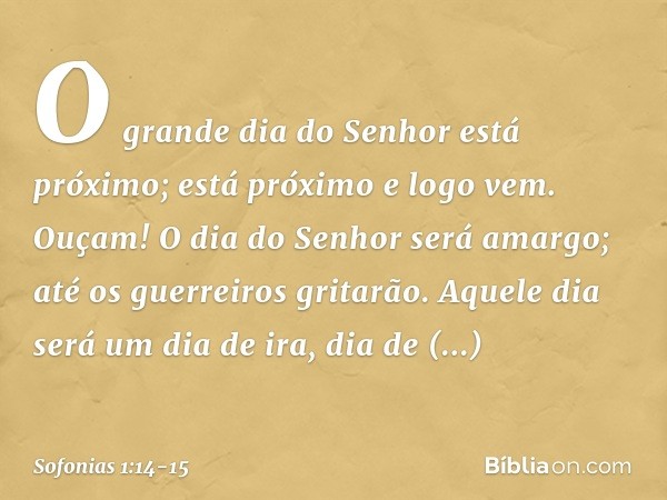 "O grande dia do Senhor
está próximo;
está próximo e logo vem.
Ouçam! O dia do Senhor será amargo;
até os guerreiros gritarão. Aquele dia será um dia de ira,
di