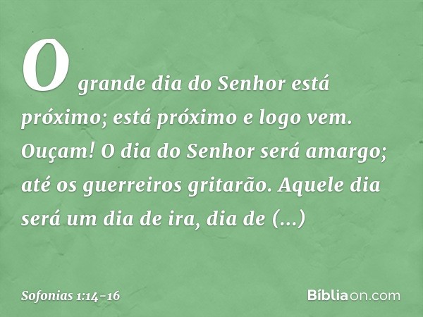 "O grande dia do Senhor
está próximo;
está próximo e logo vem.
Ouçam! O dia do Senhor será amargo;
até os guerreiros gritarão. Aquele dia será um dia de ira,
di