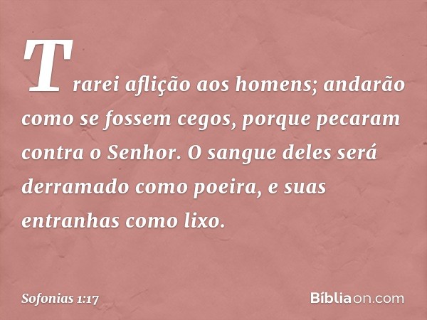 Trarei aflição aos homens;
andarão como se fossem cegos,
porque pecaram contra o Senhor.
O sangue deles será derramado
como poeira,
e suas entranhas como lixo. 