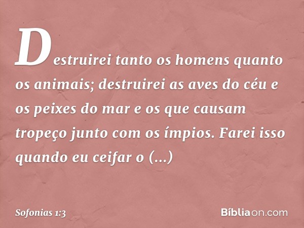 "Destruirei tanto os homens
quanto os animais;
destruirei as aves do céu
e os peixes do mar
e os que causam tropeço
junto com os ímpios.
Farei isso quando eu ce