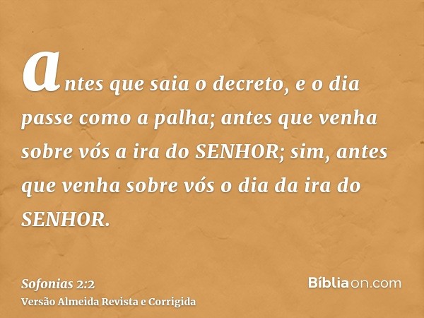 antes que saia o decreto, e o dia passe como a palha; antes que venha sobre vós a ira do SENHOR; sim, antes que venha sobre vós o dia da ira do SENHOR.