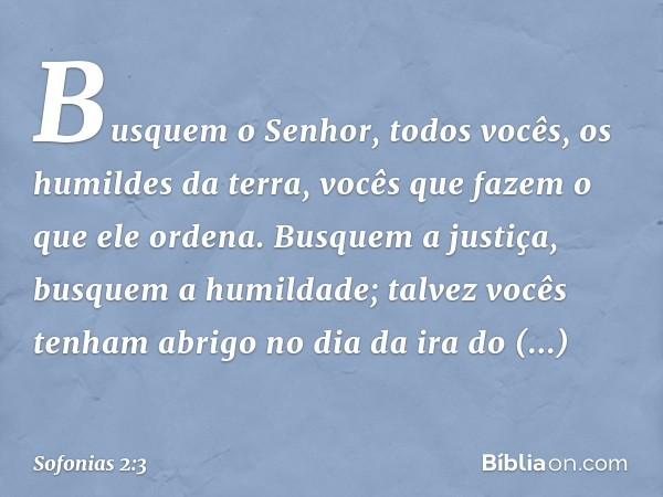 Busquem o Senhor,
todos vocês, os humildes da terra,
vocês que fazem o que ele ordena.
Busquem a justiça,
busquem a humildade;
talvez vocês tenham abrigo
no dia