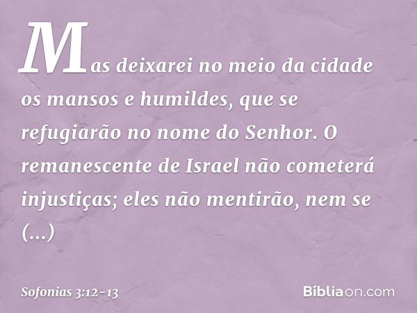 Mas deixarei no meio da cidade
os mansos e humildes,
que se refugiarão no nome do Senhor. O remanescente de Israel
não cometerá injustiças;
eles não mentirão,
n