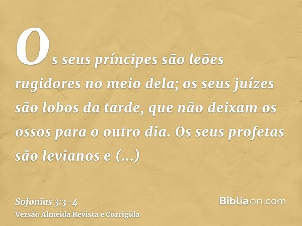 Os seus príncipes são leões rugidores no meio dela; os seus juízes são lobos da tarde, que não deixam os ossos para o outro dia.Os seus profetas são levianos e 