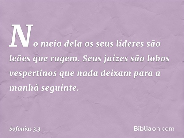 No meio dela os seus líderes
são leões que rugem.
Seus juízes são lobos vespertinos
que nada deixam
para a manhã seguinte. -- Sofonias 3:3