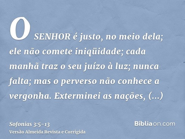 O SENHOR é justo, no meio dela; ele não comete iniqüidade; cada manhã traz o seu juízo à luz; nunca falta; mas o perverso não conhece a vergonha.Exterminei as n