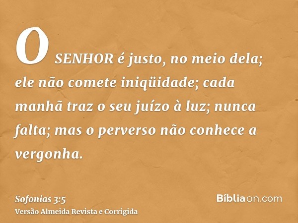 O SENHOR é justo, no meio dela; ele não comete iniqüidade; cada manhã traz o seu juízo à luz; nunca falta; mas o perverso não conhece a vergonha.