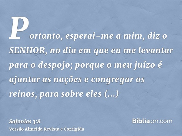 Portanto, esperai-me a mim, diz o SENHOR, no dia em que eu me levantar para o despojo; porque o meu juízo é ajuntar as nações e congregar os reinos, para sobre 