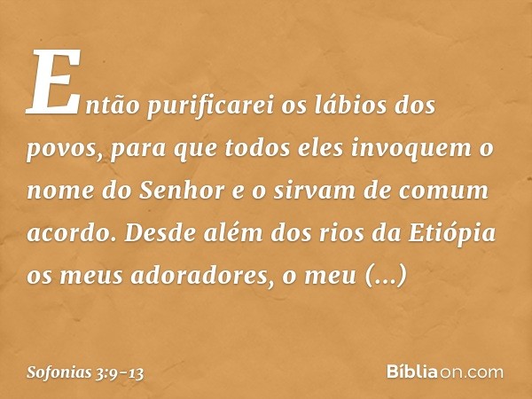 "Então purificarei os lábios dos povos,
para que todos eles invoquem
o nome do Senhor
e o sirvam de comum acordo. Desde além dos rios da Etiópia
os meus adorado