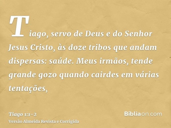 Tiago, servo de Deus e do Senhor Jesus Cristo, às doze tribos que andam dispersas: saúde.Meus irmãos, tende grande gozo quando cairdes em várias tentações,