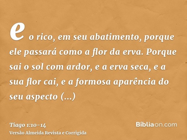 e o rico, em seu abatimento, porque ele passará como a flor da erva.Porque sai o sol com ardor, e a erva seca, e a sua flor cai, e a formosa aparência do seu as
