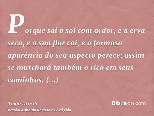 Porque sai o sol com ardor, e a erva seca, e a sua flor cai, e a formosa aparência do seu aspecto perece; assim se murchará também o rico em seus caminhos.Bem-a