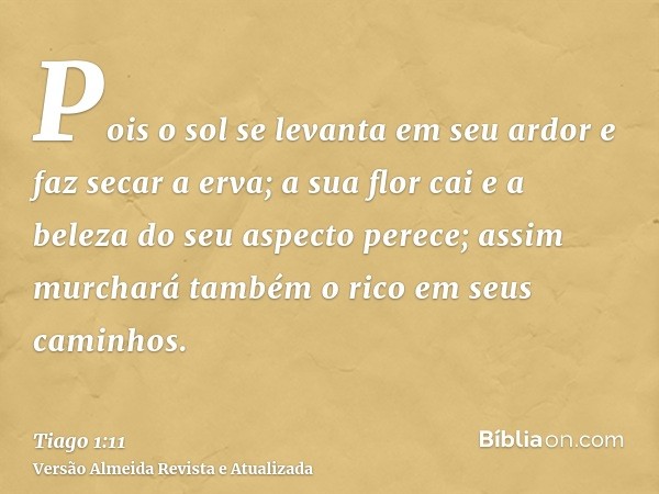 Pois o sol se levanta em seu ardor e faz secar a erva; a sua flor cai e a beleza do seu aspecto perece; assim murchará também o rico em seus caminhos.