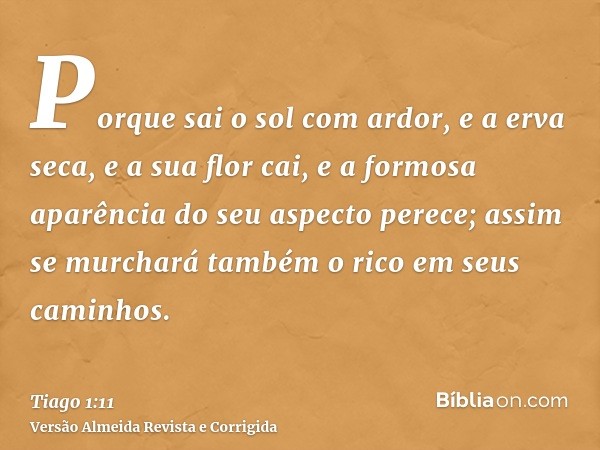 Porque sai o sol com ardor, e a erva seca, e a sua flor cai, e a formosa aparência do seu aspecto perece; assim se murchará também o rico em seus caminhos.
