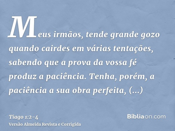 Meus irmãos, tende grande gozo quando cairdes em várias tentações,sabendo que a prova da vossa fé produz a paciência.Tenha, porém, a paciência a sua obra perfei