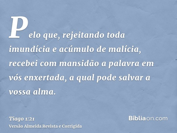 Pelo que, rejeitando toda imundícia e acúmulo de malícia, recebei com mansidão a palavra em vós enxertada, a qual pode salvar a vossa alma.