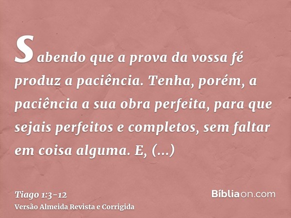 sabendo que a prova da vossa fé produz a paciência.Tenha, porém, a paciência a sua obra perfeita, para que sejais perfeitos e completos, sem faltar em coisa alg