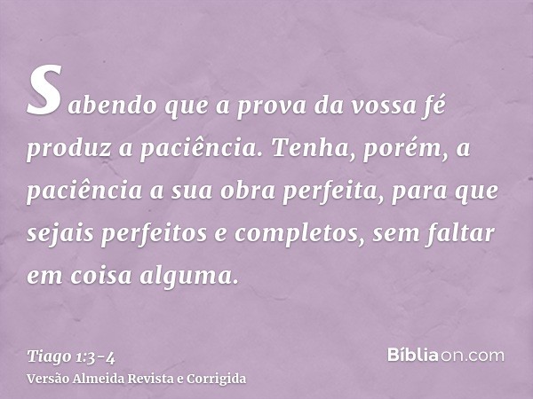 sabendo que a prova da vossa fé produz a paciência.Tenha, porém, a paciência a sua obra perfeita, para que sejais perfeitos e completos, sem faltar em coisa alg