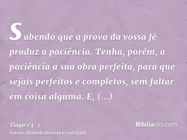 sabendo que a prova da vossa fé produz a paciência.Tenha, porém, a paciência a sua obra perfeita, para que sejais perfeitos e completos, sem faltar em coisa alg