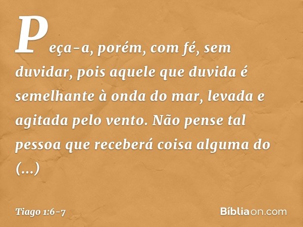 Peça-a, porém, com fé, sem duvidar, pois aquele que duvida é semelhante à onda do mar, levada e agitada pelo vento. Não pense tal pessoa que receberá coisa algu