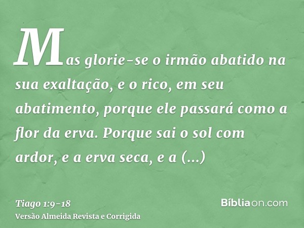 Mas glorie-se o irmão abatido na sua exaltação,e o rico, em seu abatimento, porque ele passará como a flor da erva.Porque sai o sol com ardor, e a erva seca, e 